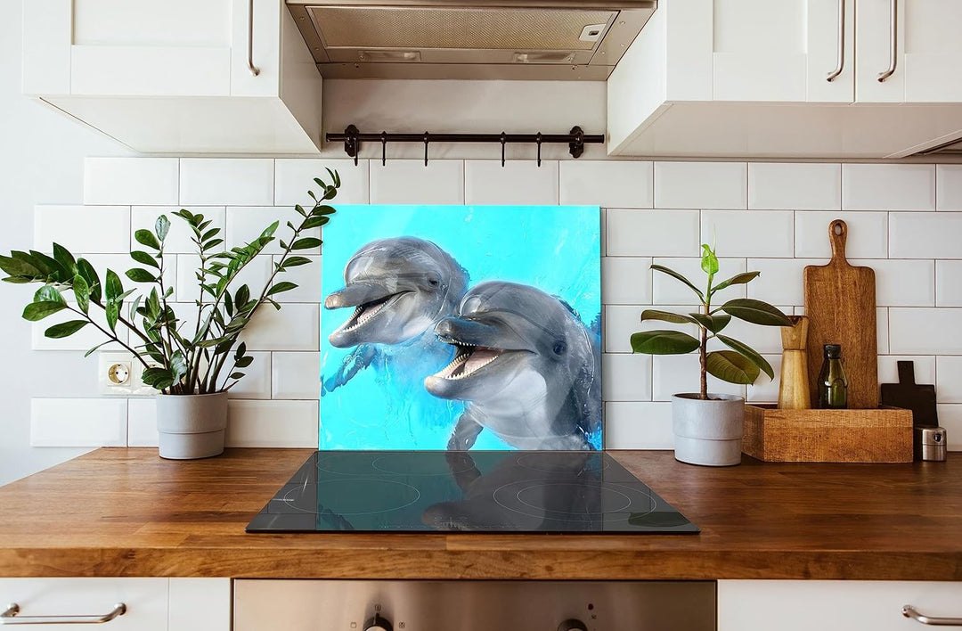 Delfinpaar Herdabdeckplatte & Spritzschutz aus Echtglas | Für Herd-Kochfelder | 60x52 cm