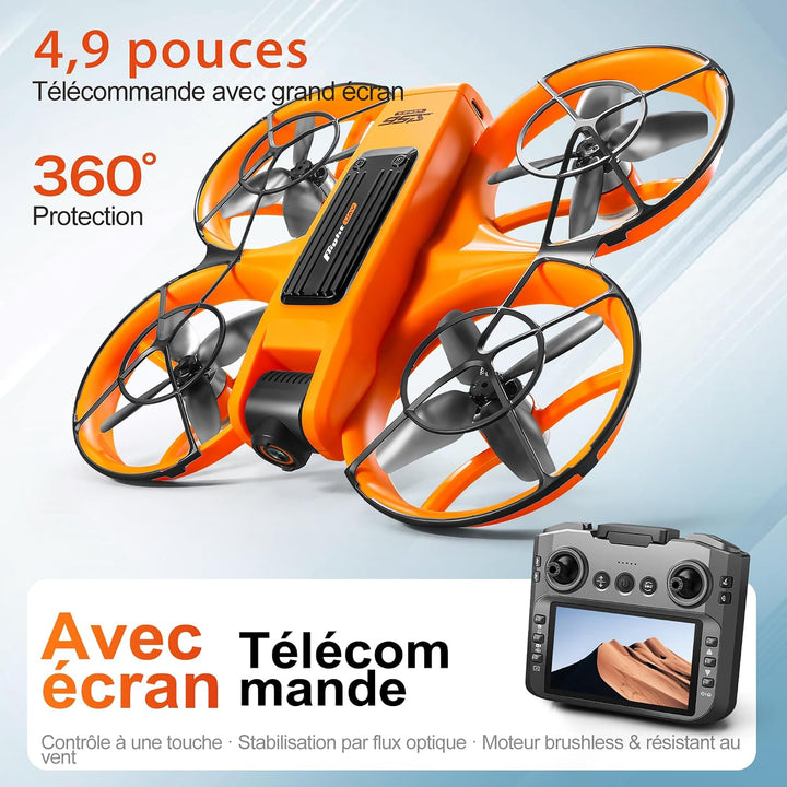 Drohne mit 4,9-Zoll-Bildschirm-Fernbedienung, HD-Dual-Kamera, bürstenlosem Motor, 360° Flips, optisc