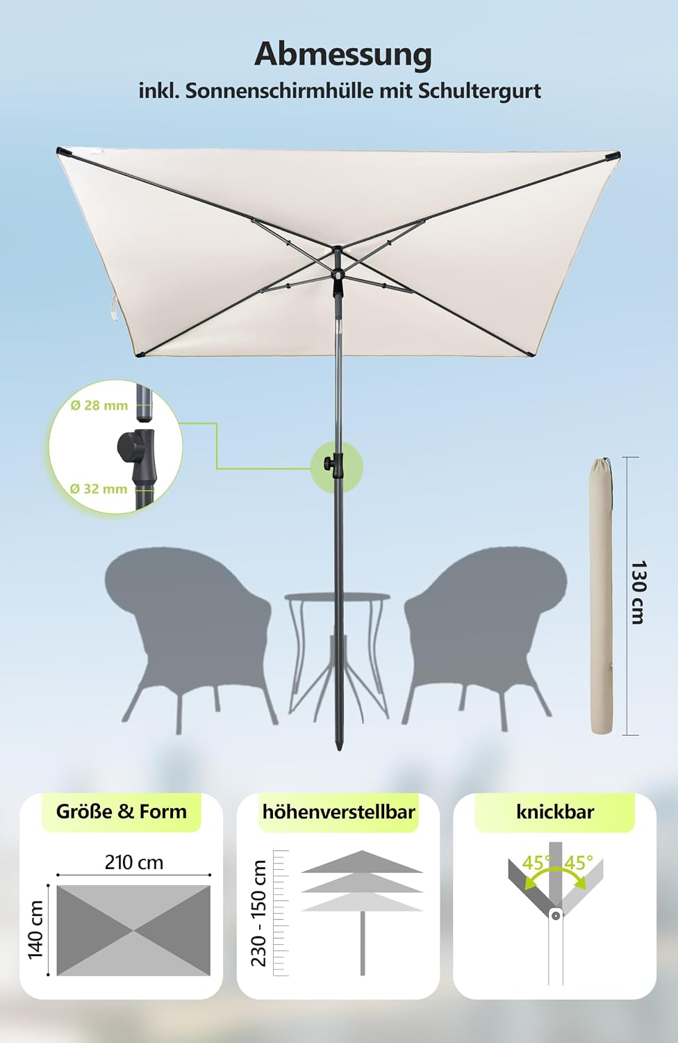 4smile Sonnenschirm Balkon im Set – Sonnenschirm rechteckig 210×140 cm, UV 50+ Sonnenschutz Balkon,