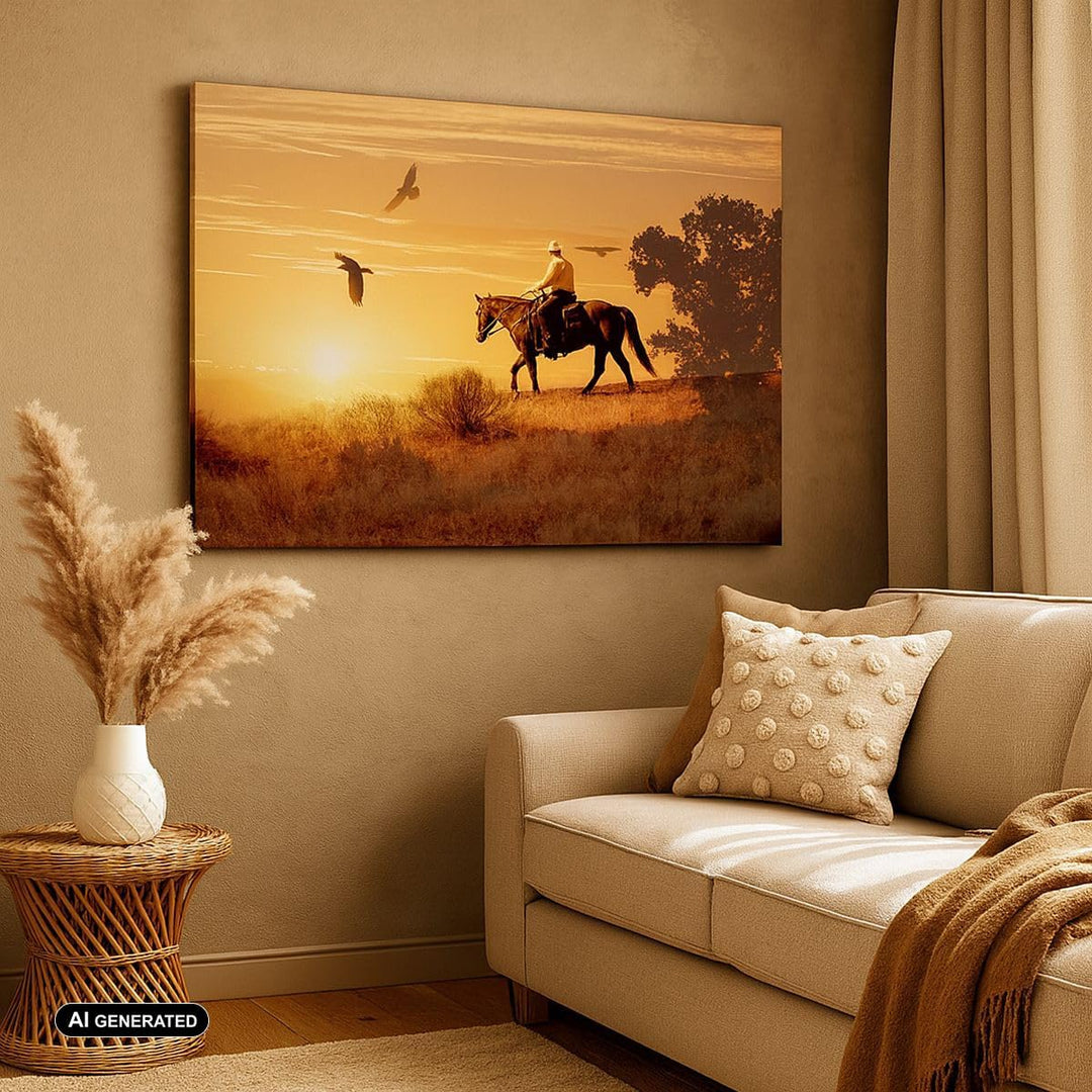 Bilder auf Leinwand 100x70cm Leinwandbild Pferd Cowboy Bauernhof Reiten Gross Wanddeko Bild Schlafzi