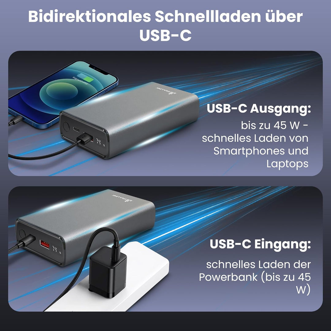 Powerbank 20000mAh Powerbank Schnellladefunktion bis zu 45W PD Power Bank USB C 20000mAh Robustes Ge
