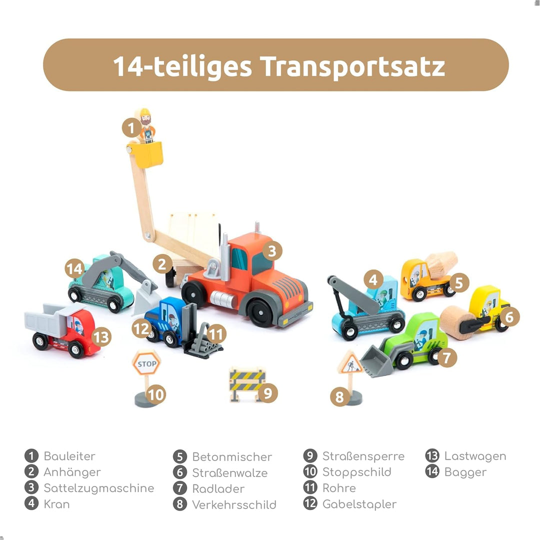umu® Holz Baufahrzeug Transporter Spielset für Kinder kompatibel mit Brio World Eisenbahn Sets & And