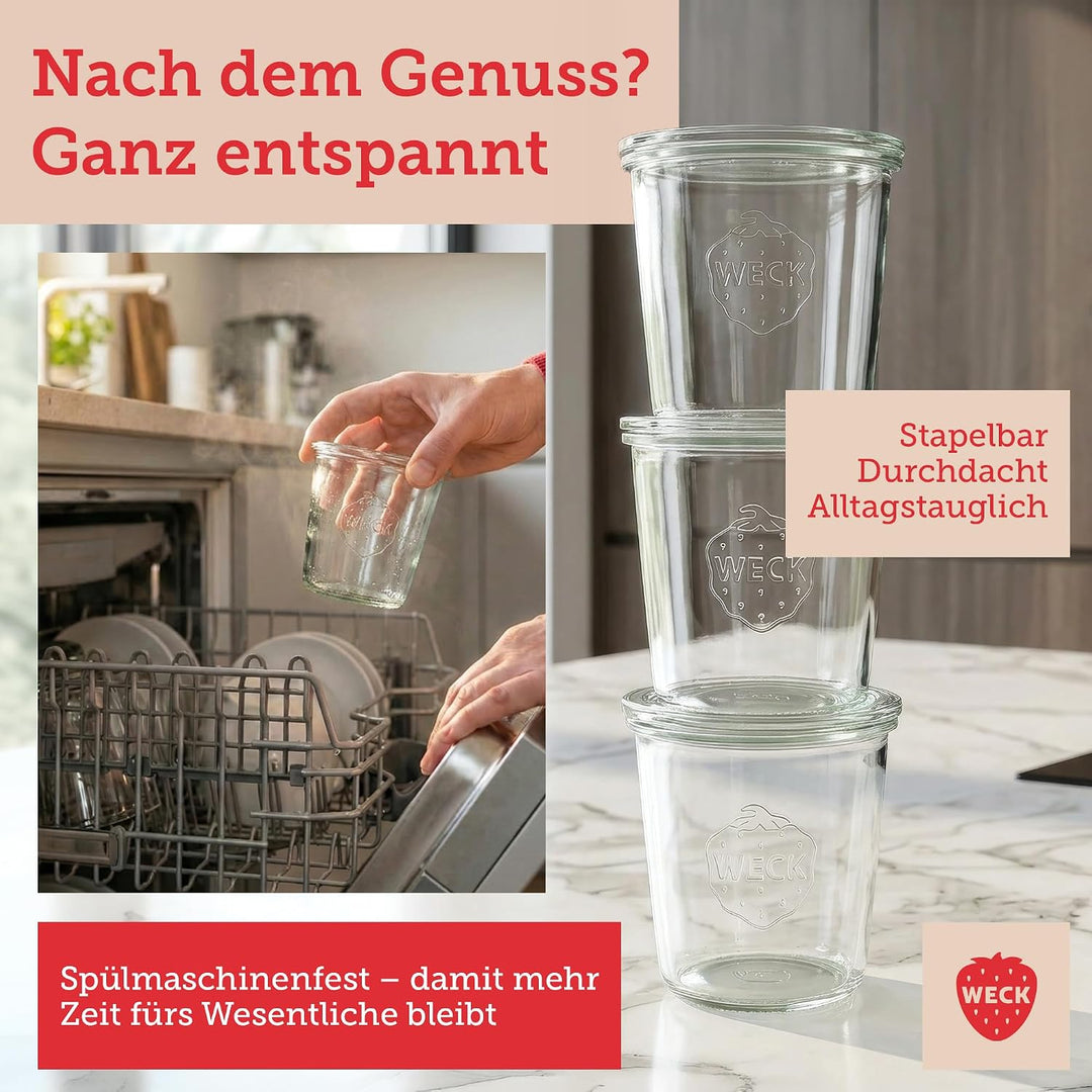 Weck Gläser 240ml – 6er Set mit Deckeln – Sturzform – robuste, stapelbare Dessertgläser, Einkoch- &