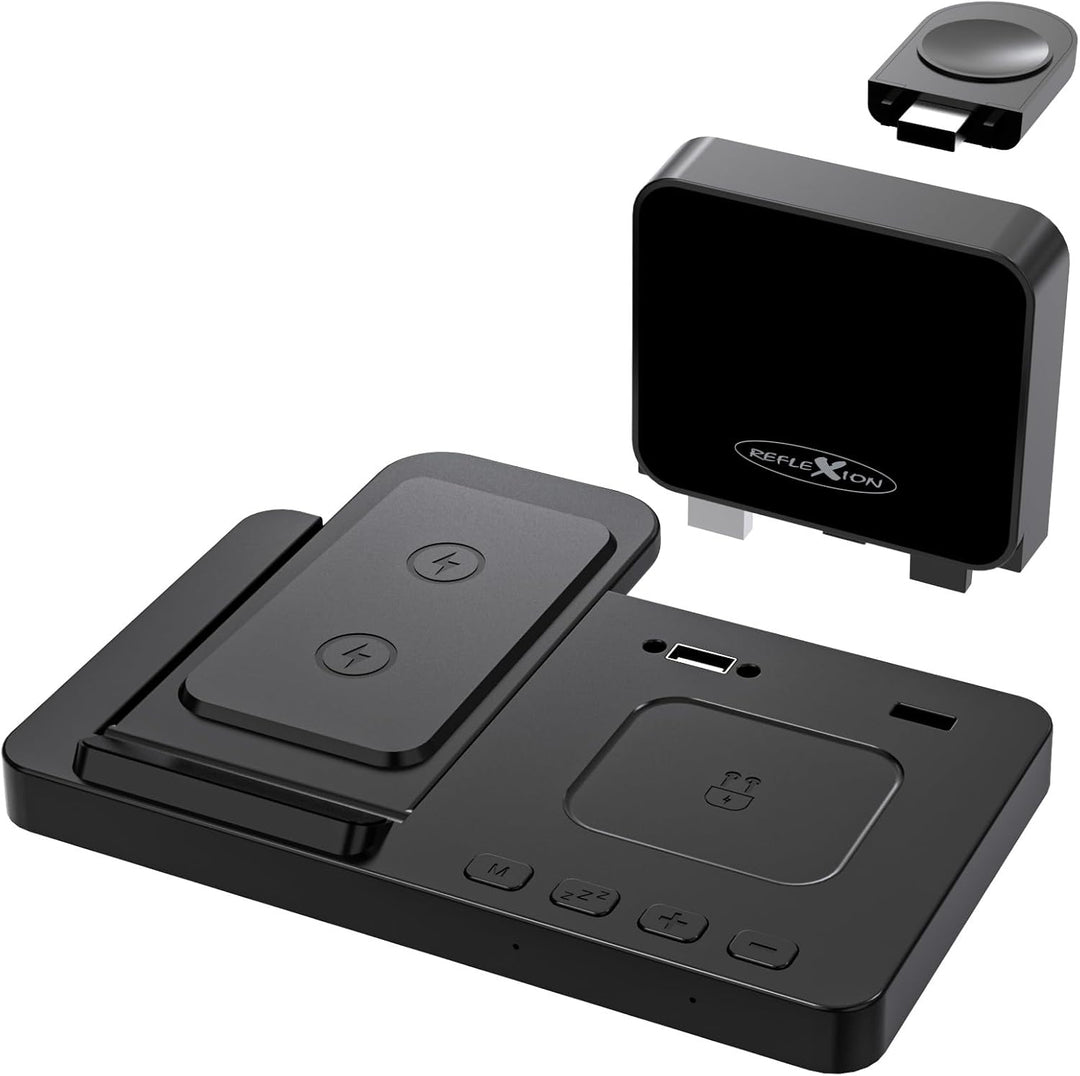 Reflexion 4 in 1 Wireless Charger mit Uhr & Wecker | Kabellose Ladestation für Smartphone, Apple Wat