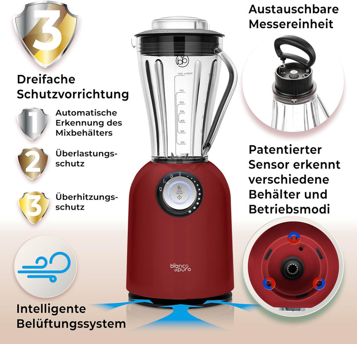 bianco di puro Hochleistungsmixer Attivo bis 24.500 U/Min Smoothie Maker inkl. Sport-To-Go Mixbecher