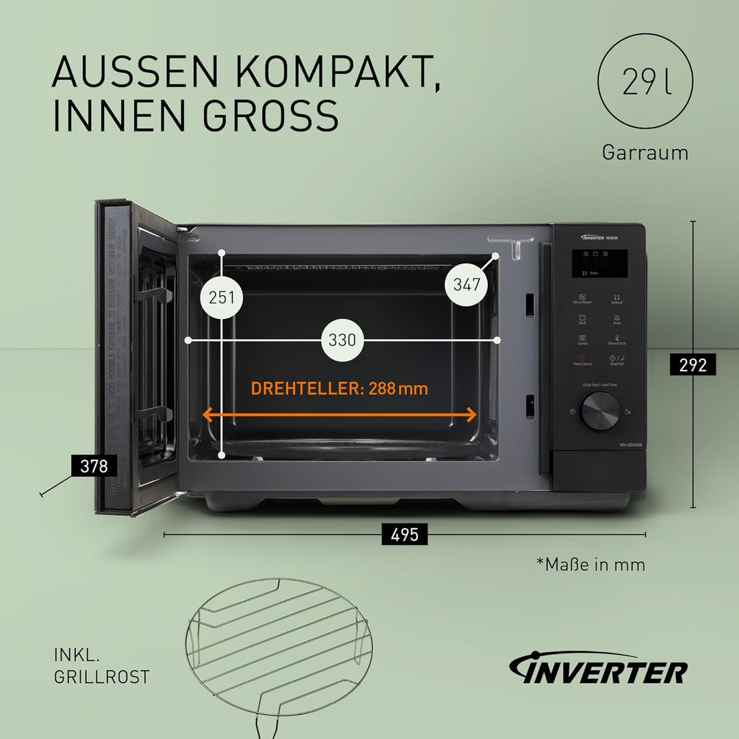Panasonic NN-GD35QBEPG 29L Grill-Mikrowelle, 1000 W, automatisches Auftauen, Kombinationsgaren, Time