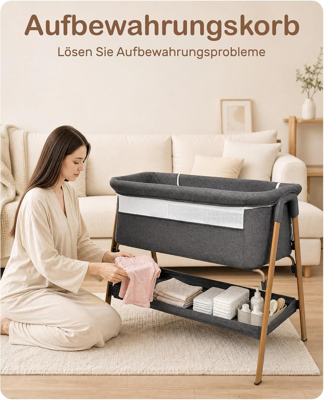 UBRAVOO Beistellbett Baby 2-in-1, Babybett &amp; Baby Wiege für Neugeborene – mit Aufbewahrungskorb &amp; We