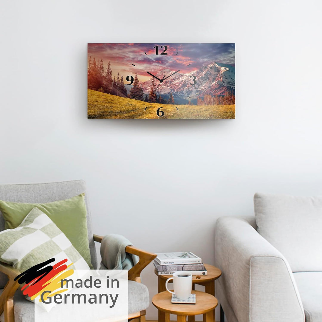 ARTLAND Wanduhr ohne Tickgeräusche Alu Quarzuhr lautlos 60x30 cm Rechteckig Landschaft Sonnenunterga