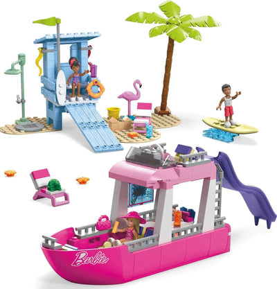 BARBIE Malibu Traumboot - Bauset mit 317 Teilen, inkl. 3 Barbie-Puppen, 2 Haustiere, Mode- & Strandz