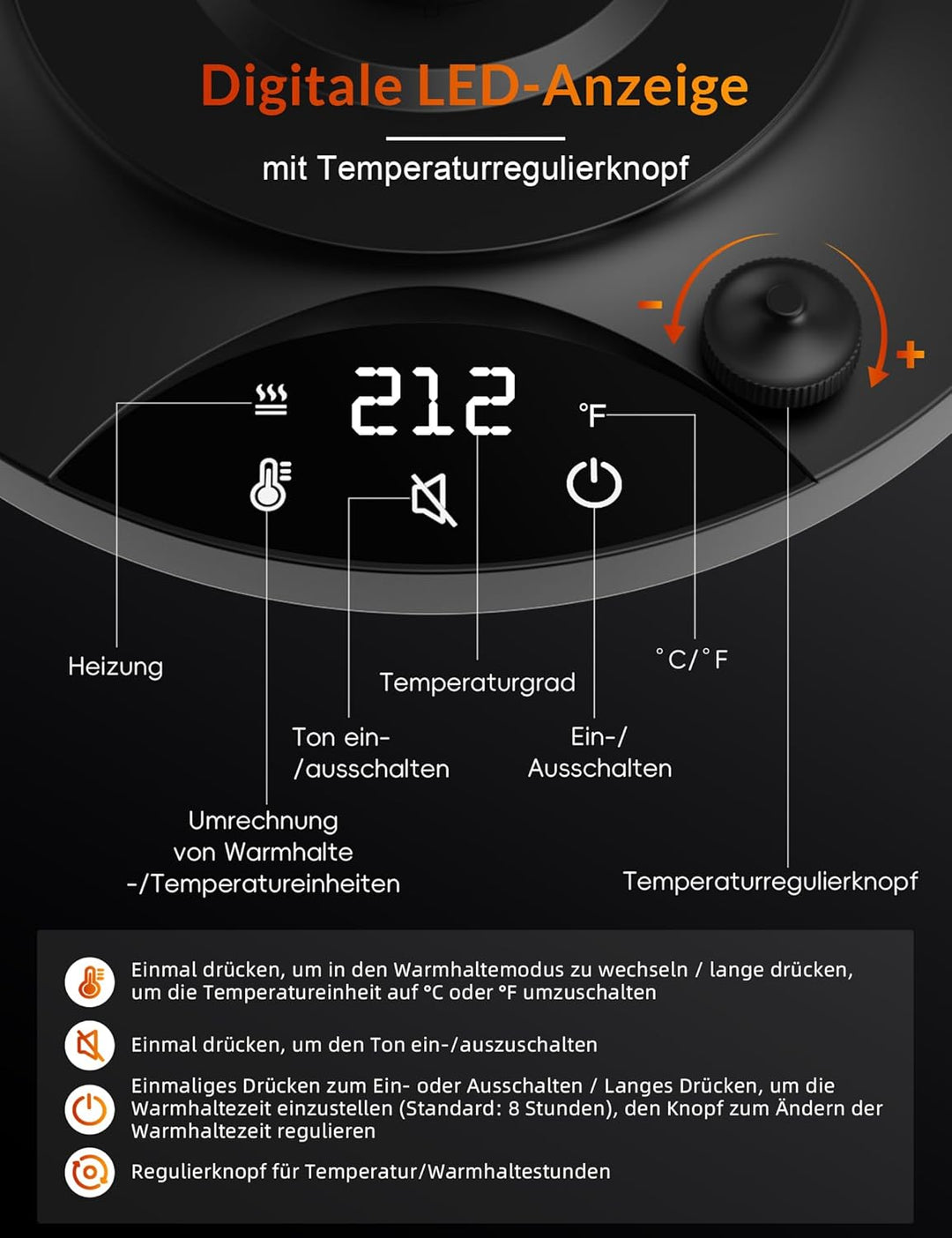 Schwanenhals Wasserkocher,1200W Elektrischer Kaffeekessel aus Edelstahl,Temperatureinstellung mit 24