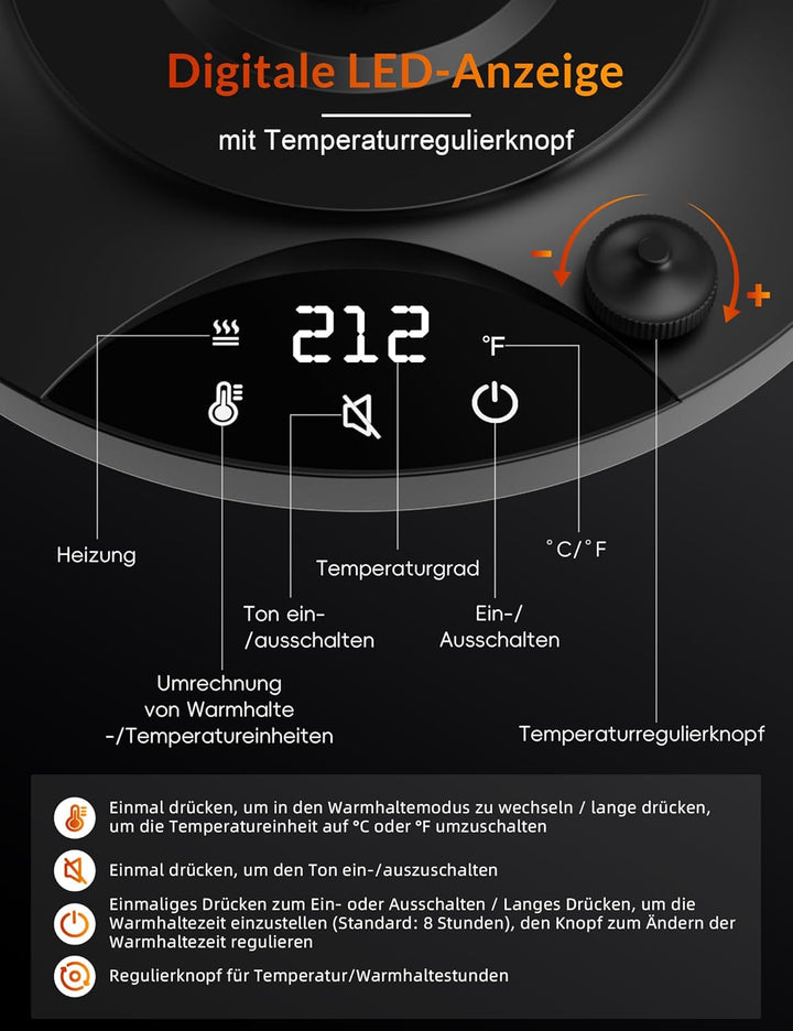 Schwanenhals Wasserkocher,1200W Elektrischer Kaffeekessel aus Edelstahl,Temperatureinstellung mit 24