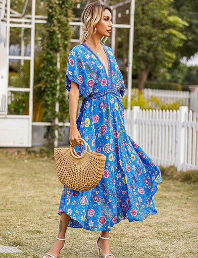 R.Vivimos Damen Sommer Boho Drucken Sexy Tiefem V-Ausschnitt Lang Kleid Rückenfrei Fledermaus Ärmel