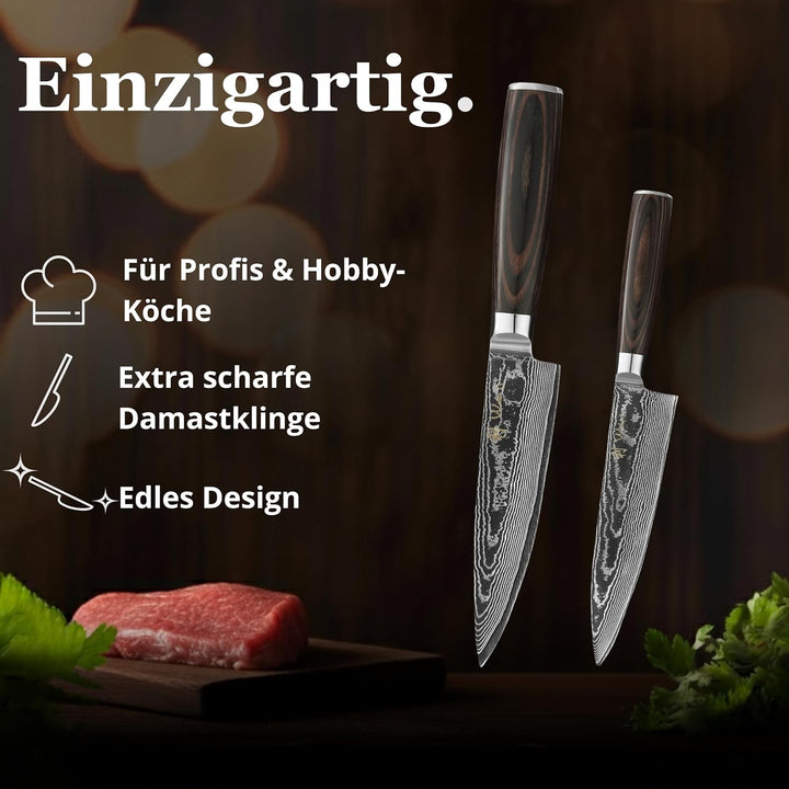 Wakoli EDIB Essentials Santoku Messer Küchenmesser Set (2-teilig) 30 & 24 cm Damastmesser aus 67 Lag