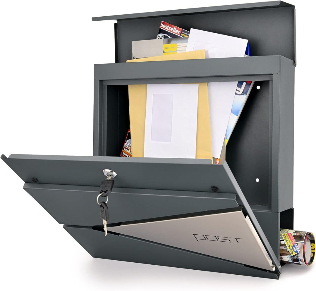 Verda Briefkasten mit Zeitungsfach, 37 x 37 x 11 cm, 2X Schlüssel Postkasten Designer Wandbriefkaste