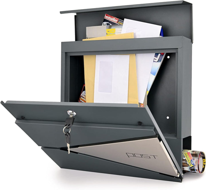 Verda Briefkasten mit Zeitungsfach, 37 x 37 x 11 cm, 2X Schlüssel Postkasten Designer Wandbriefkaste