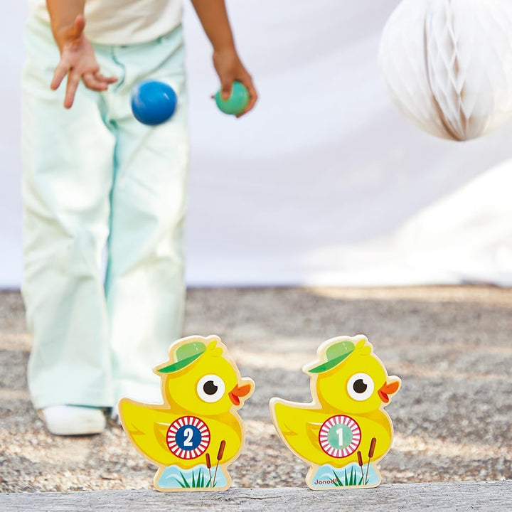 Janod - Kinder-Kegelspiel Applepop - Geschicklichkeitsspiel - 6 Enten-Kegel + 2 Kugeln - Spielzeug a