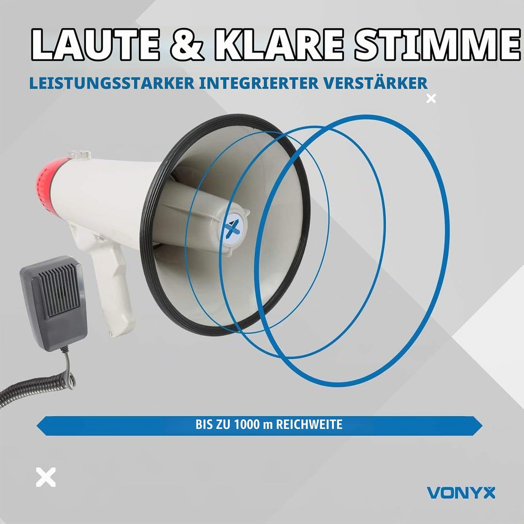 VONYX MEG040 Megafon mit Sirene und Aufnahmefunktion, 40 Watt lautes Megaphone, Party-Megafon, Sprac