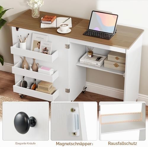 GIANTEX Nähtisch klappbar, Nähmaschinentisch auf Rollen, Nähtisch für Nähmaschine, Nähschrank Holz,