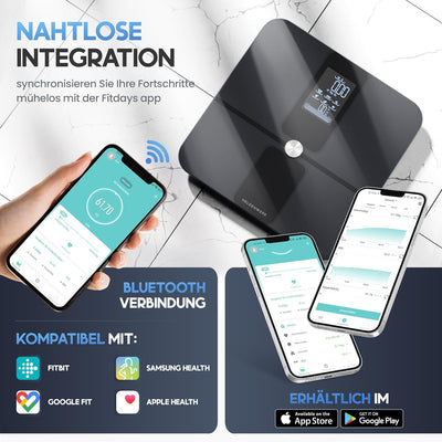 HELDENWERK Körperfettwaage Pro mit App & grosser Anzeige - Körperfett Personenwaage digital mit 18 M
