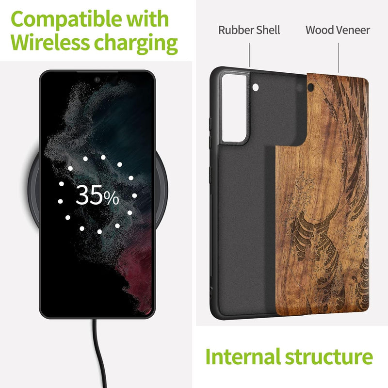 Carveit Handyhülle für Galaxy S22 Case [Holz und TPU Silikon Hybrid hülle] Stossfeste Stossstange ha