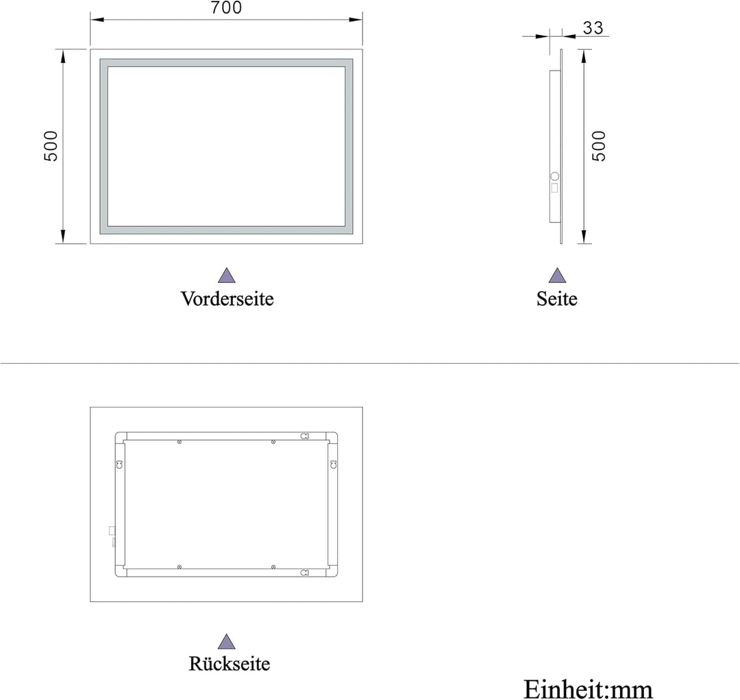Aica Sanitär Badspiegel 70×50cm Druckknopf/Wandschalter 3 Lichtfarbe dimmbar Memory Beschlagfrei Bad