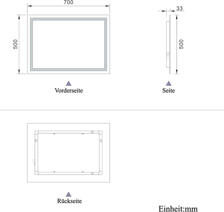 Aica Sanitär Badspiegel 70×50cm Druckknopf/Wandschalter 3 Lichtfarbe dimmbar Memory Beschlagfrei Bad