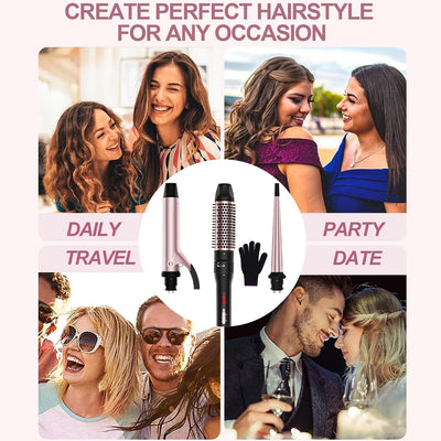 Lockenstab Set 3 in 1, DSGKUU Lockenstäbe mit Thermal Brush und Keramik Lockeneisen, Lockeneisen mit