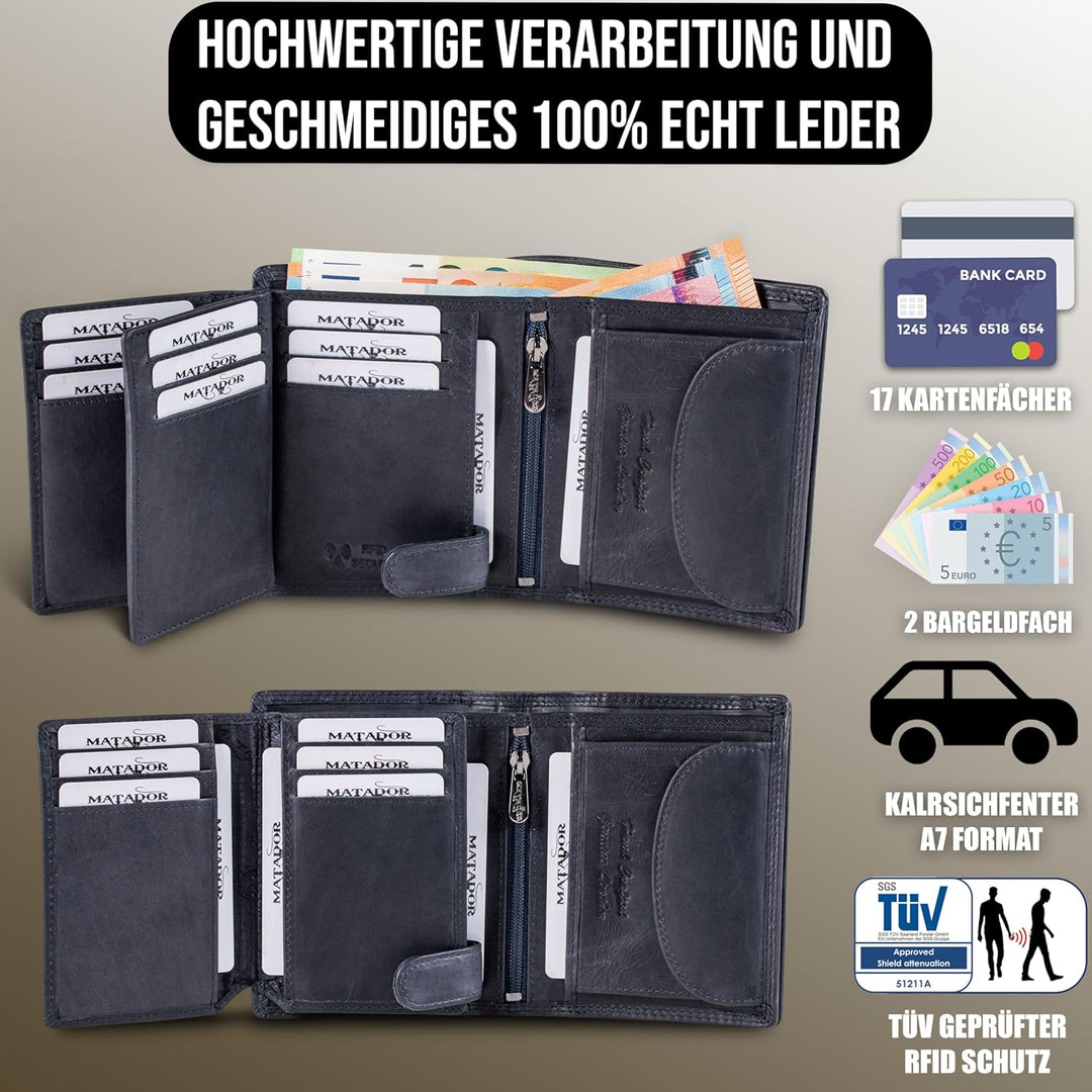 MATADOR Geldtasche Herren Leder #Toronto mit edler Geschenk Box, Elegante RFID Geldbörse, Luxus Port