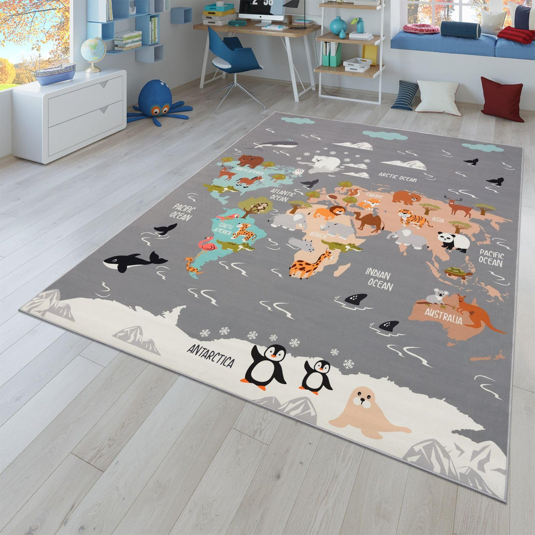 TT Home Kinderteppich Babyzimmer Teppich Kinderzimmer rutschfest Tiere Weltkarte Autos, Farbe:Grau B