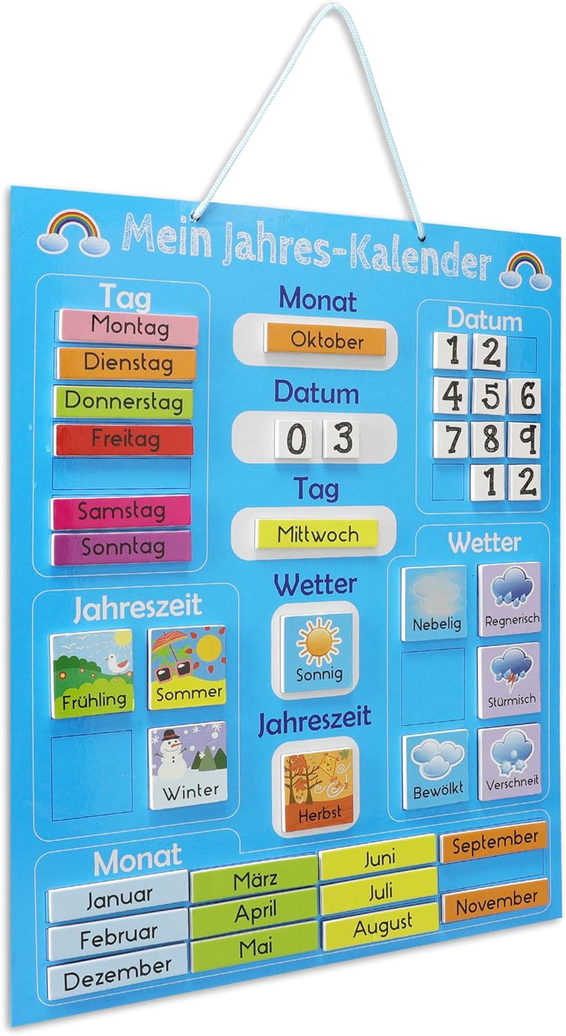 Navaris Kalender Tafel für Kinder - Lerntafel Jahreszeiten Uhr - Magnet Spiel Lernuhr - Kinderkalend