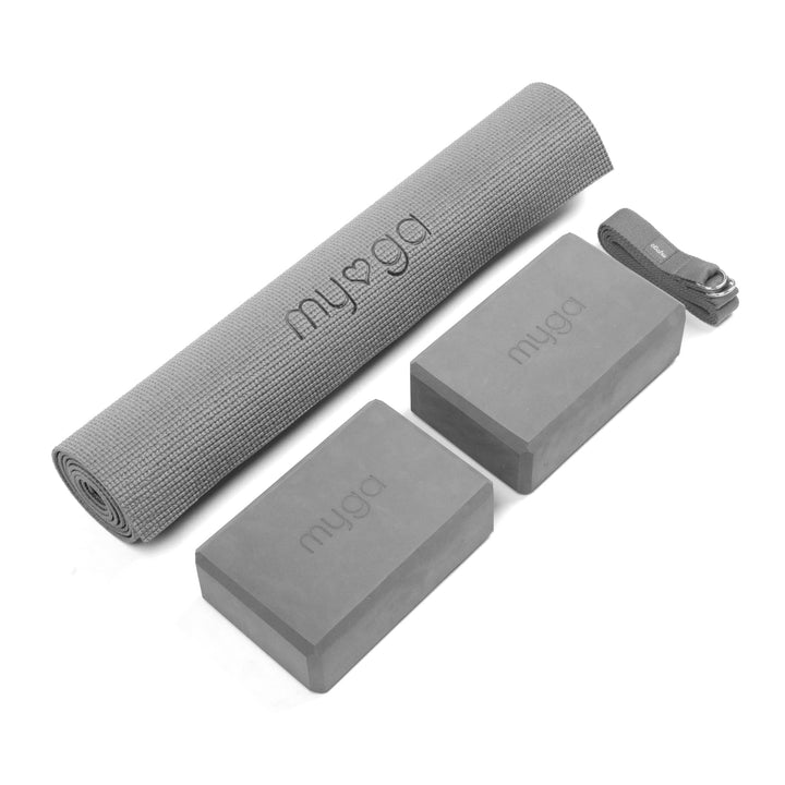 Myga Yoga-Starter-Set – Yogamatte, 2 Yoga-Blöcke und Yogagurt – Starter-Set mit Matte, 2 Steinen & M
