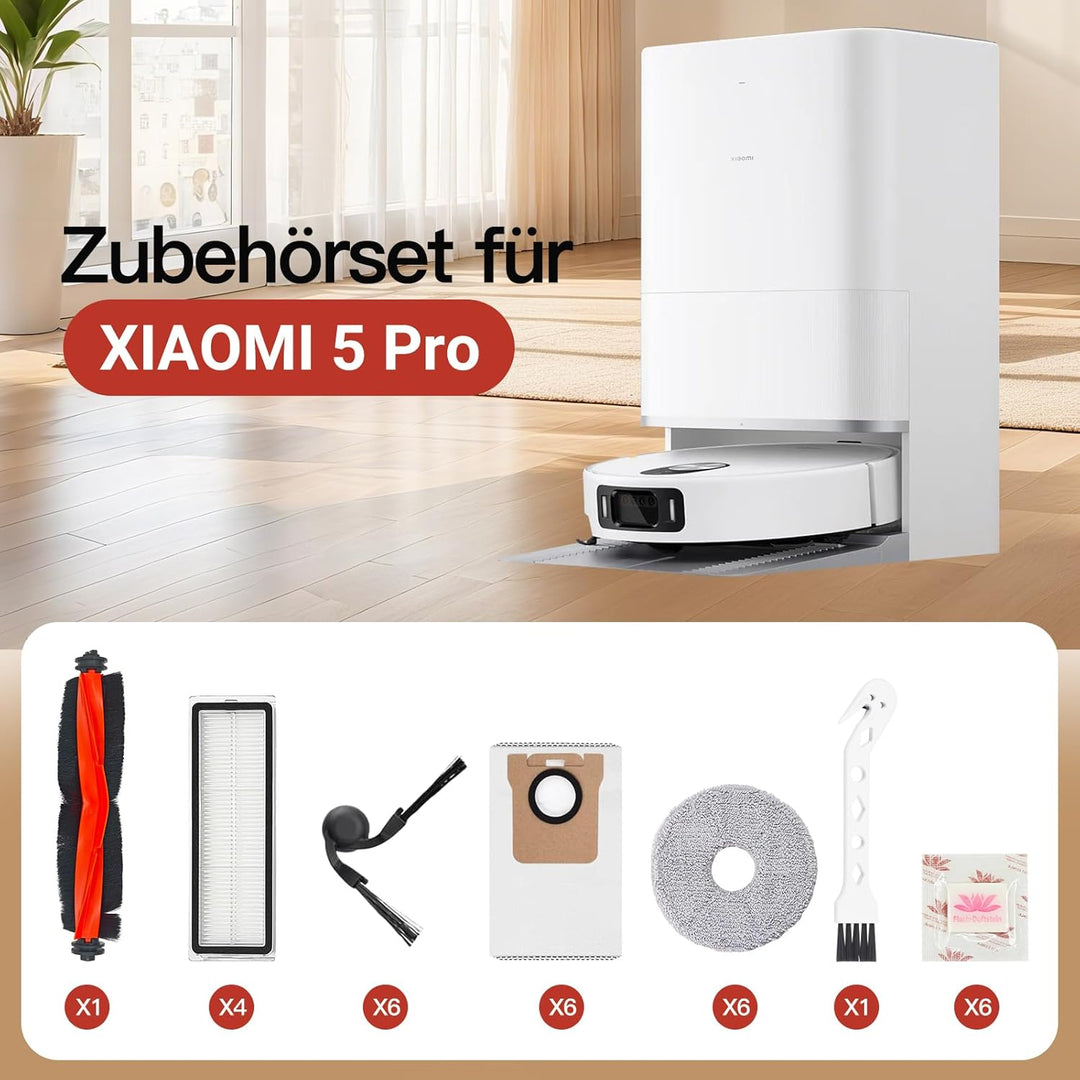 30 Stück Zubehör für Xiaomi 5/5 Pro Saugroboter Ersatzteile, 1 Hauptbürste, 6 Seitenbürsten, 6 Wisch