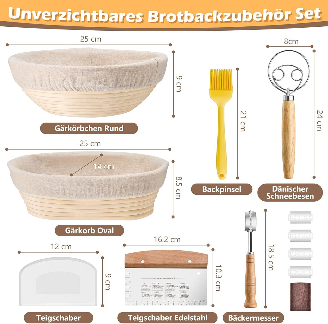 HaWare Gärkörbchen, 25cm Gärkorb Oval & Rund Brot Set mit Futter, Bäckermesser, Dänischer Schneebese