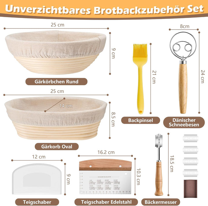 HaWare Gärkörbchen, 25cm Gärkorb Oval & Rund Brot Set mit Futter, Bäckermesser, Dänischer Schneebese