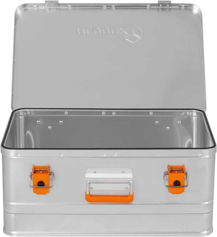 alubox Werkzeugtruhe Werkzeugkoffer 40 L silber Alu glänzend - orange Schnallen - Frontgriff - 040 L