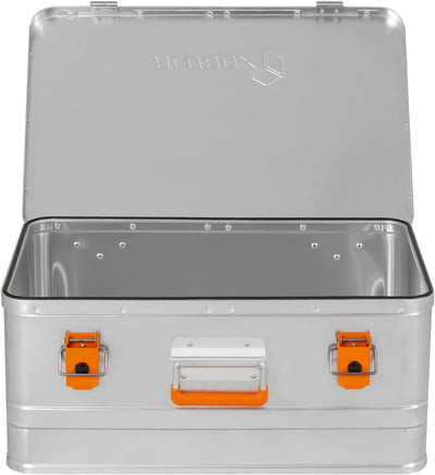 alubox Werkzeugtruhe Werkzeugkoffer 40 L silber Alu glänzend - orange Schnallen - Frontgriff - 040 L