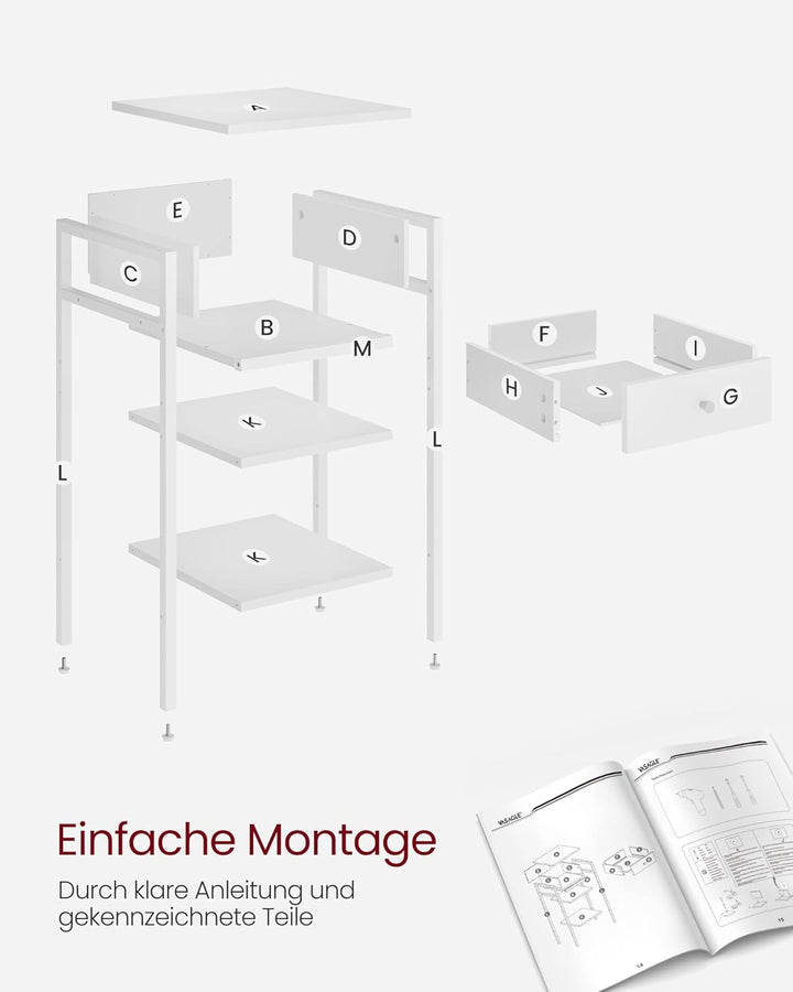 VASAGLE Nachttisch, Beistelltisch, hoch, mit Einer Schublade und 2 offenen Fächern, 1 verstellbare A