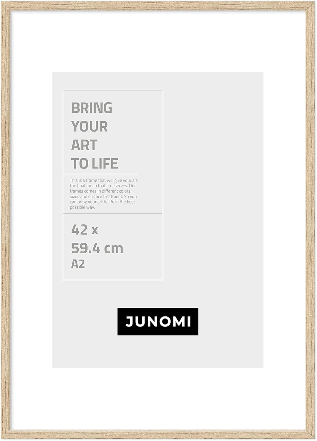 JUNOMI® Bilderrahmen DIN A2 Holz | Farbe Eiche | Bilderrahmen 42 x 59,4 cm Eiche mit bruchsicherem A