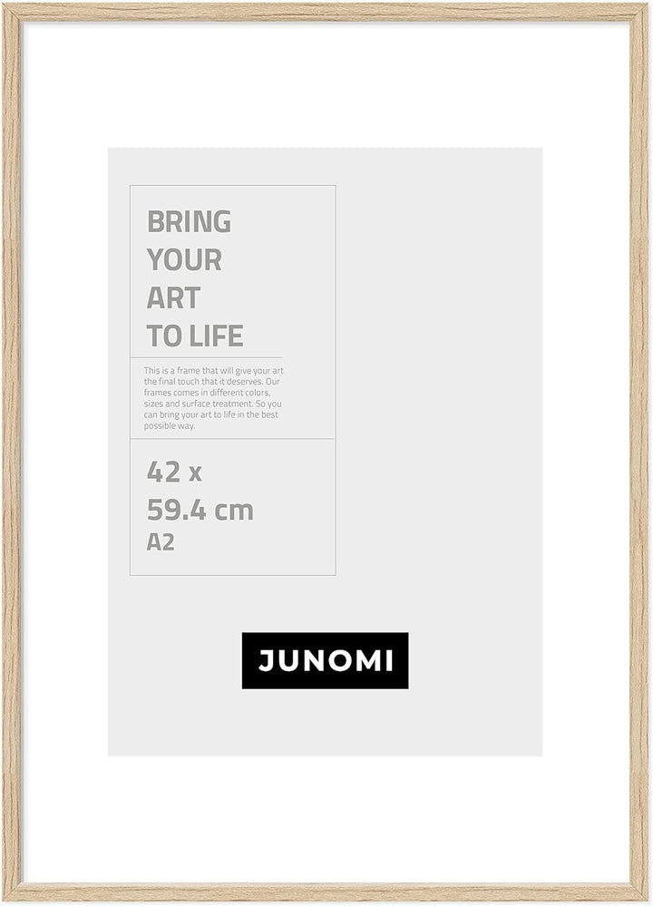 JUNOMI® Bilderrahmen DIN A2 Holz | Farbe Eiche | Bilderrahmen 42 x 59,4 cm Eiche mit bruchsicherem A