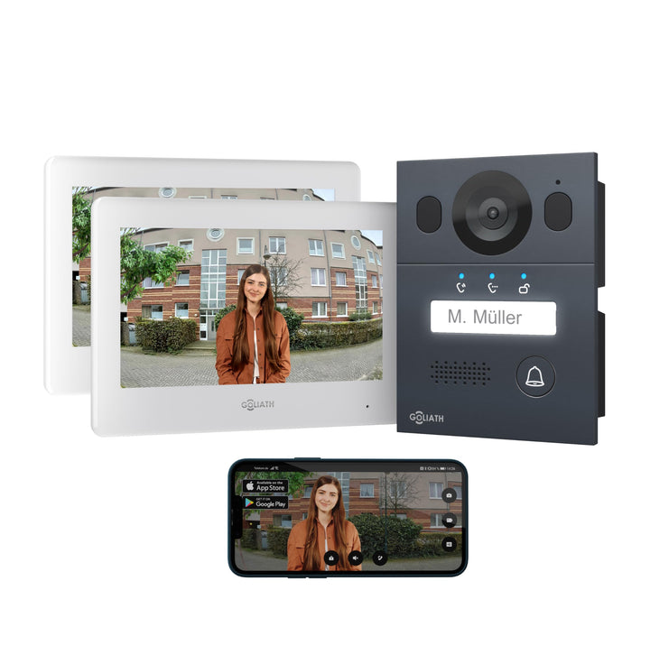 GOLIATH Basic Video Türsprechanlage, 2 Draht Bus, 2X 7 Monitor, Aufputz Türklingel mit Kamera, Gegen