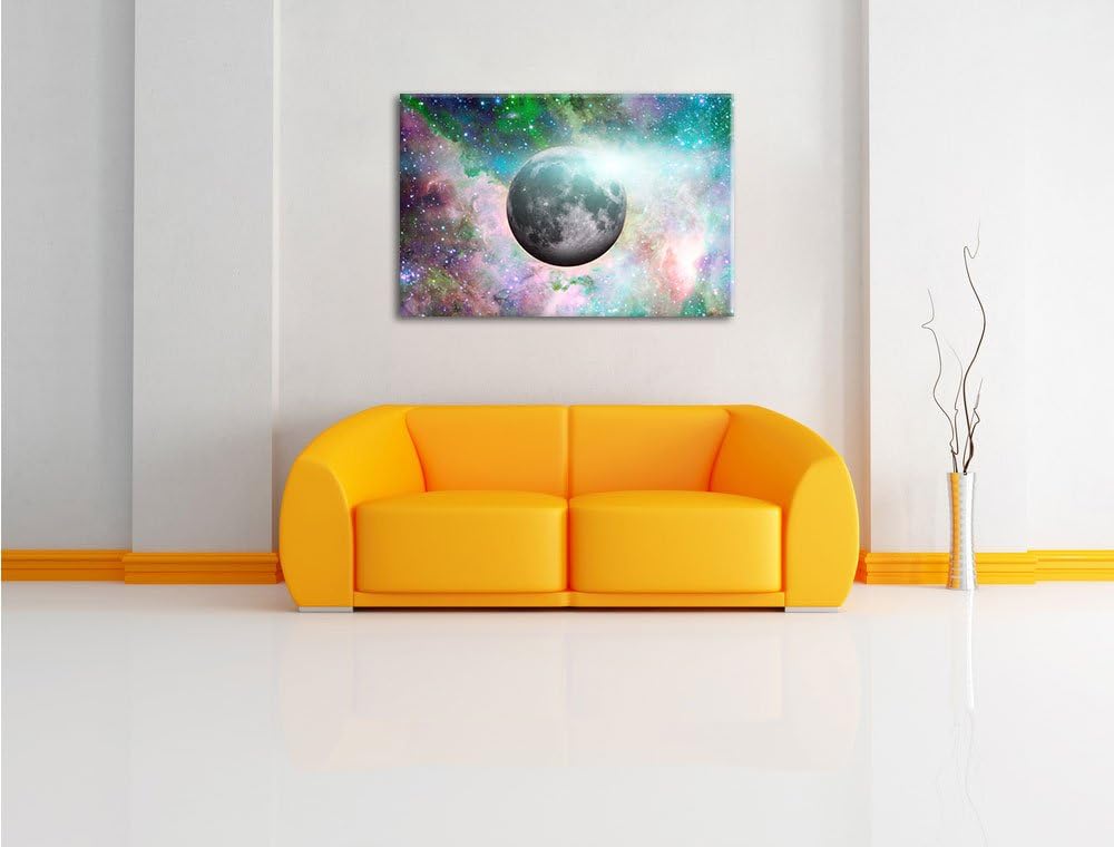 Pixxprint unser Mond im Sternenstaub / 100x70cm Leinwandbild bespannt auf Holzrahmen/Wandbild Kunstd
