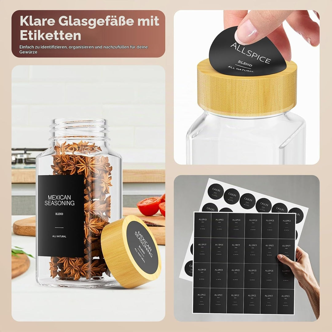 Gewürzregal Schublade mit Regal 24 x 120ml, 372 Gewürzetiketten, 48 blanko Etiketten, Gewürzgläser m