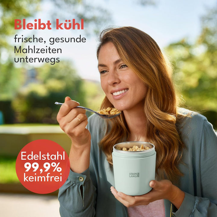 LEBENLANG Müsli To Go Becher mit Löffel - 650ml &amp; Isolierende Edelstahlinnenwand I Müsli 2 Go Becher