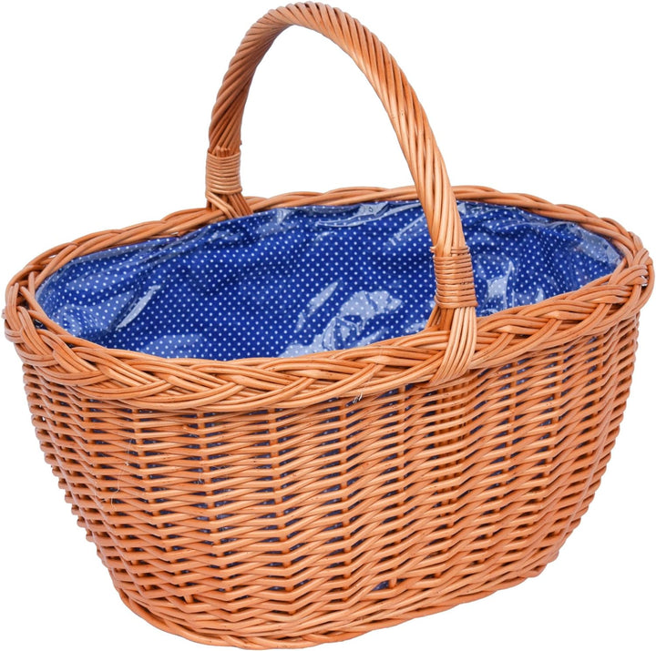 Grosser Einkaufskorb / Autokorb aus Weide mit Henkel und Stoffeinlege in Blau mit punkten oval Typ