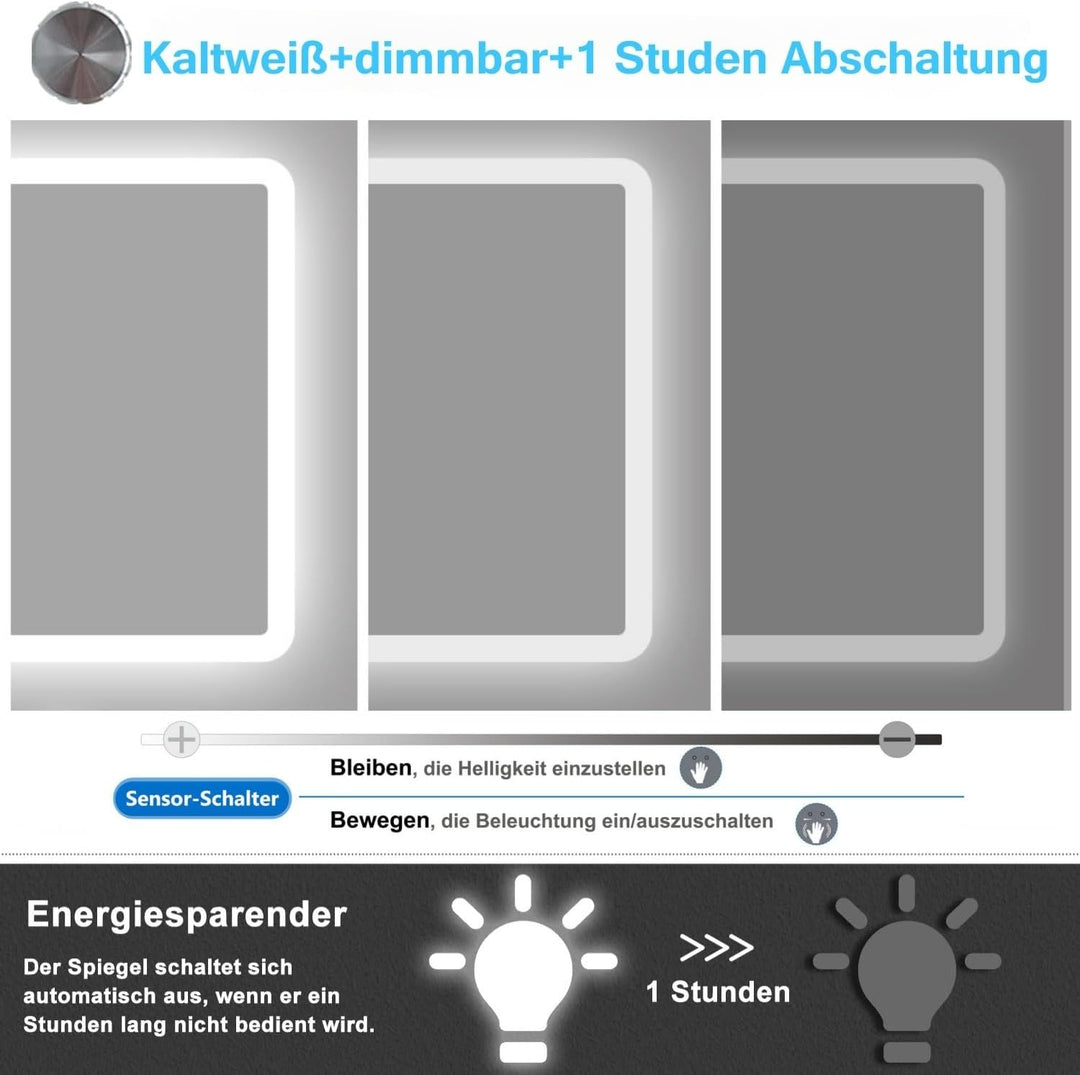 Badspiegel mit Beleuchtung 70x50cm Sensor-Schalter Beschlagfrei Kaltweiss dimmbar Memory-Funktion LE
