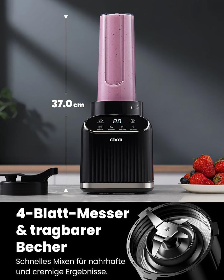 GDOR Professional Standmixer Glas 1200W Smoothie Maker 5 Programme Blender 1,5L Glasbehälter&700ml T