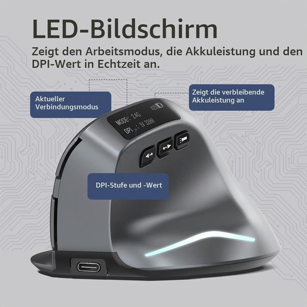 zelotes Bluetooth Kabellose Maus mit Display,Wiederaufladbar,BT 5.0/3.0 + 2.4G,3200DPI,7 Tasten,USB