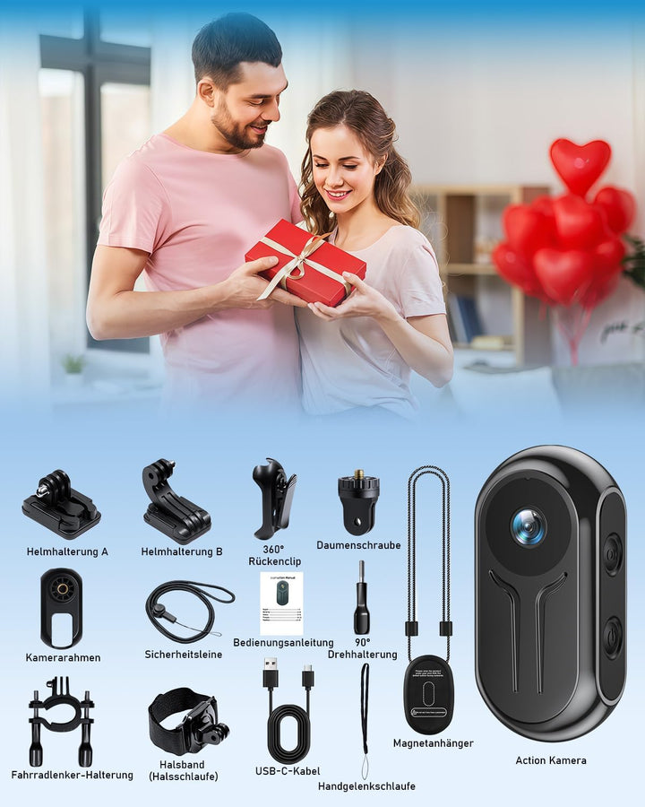 Action Cam mit WiFi 2K Ultra-HD, Bodycam Körperkamera Mini 120° Weitwinkel, POV Kamera mit Bildschir