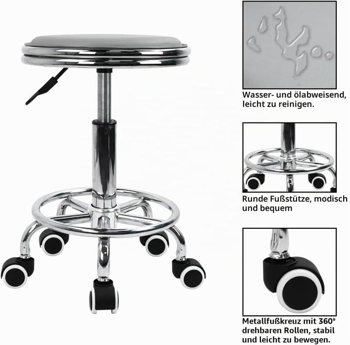 KKTONER Rollhocker Drehhocker höhenverstellbar mit Fussstütze aus PU Leder Grau, Grau