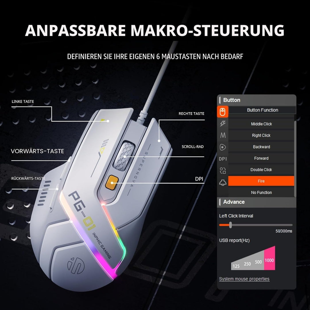 inphic PG1 Gaming Maus mit Kabel, 12800 DPI Hochpräzise, 6 programmierbare Tasten, atmungsaktive RGB
